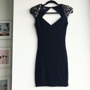 Bebe Black Bodycon Dress w/Bejeweled Shoulders